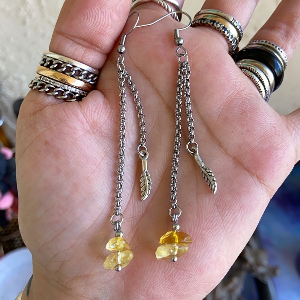 Dangly genuine citrine & feather earrings - Picture 2 of 7